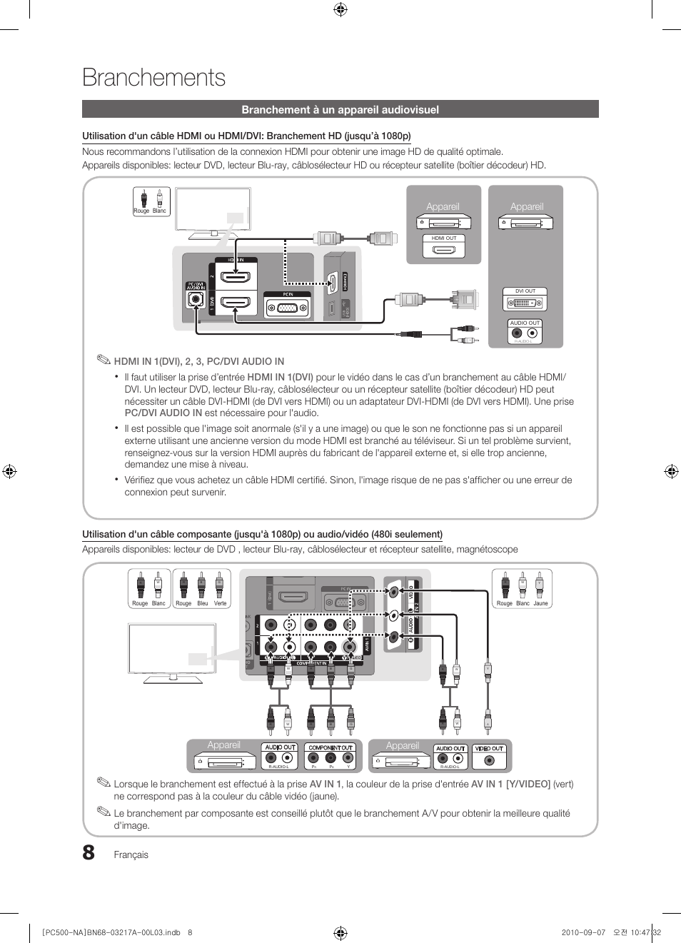 Branchements, Branchement à un appareil audiovisuel | Samsung PN58C500G2FXZA User Manual | Page 112 / 156