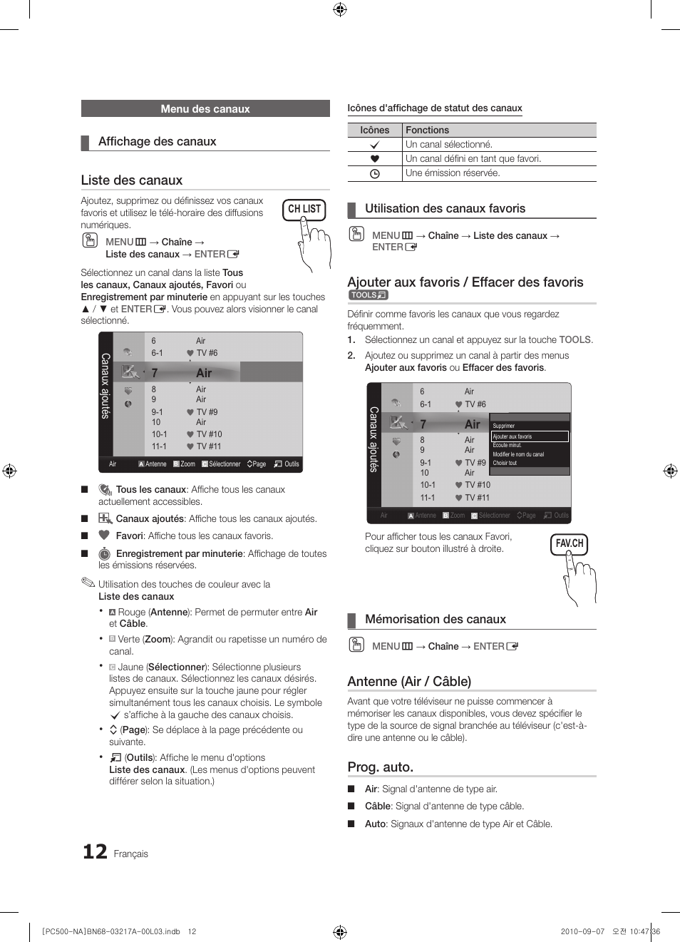 Liste des canaux, Ajouter aux favoris / effacer des favoris, Antenne (air / câble) | Prog. auto | Samsung PN58C500G2FXZA User Manual | Page 116 / 156