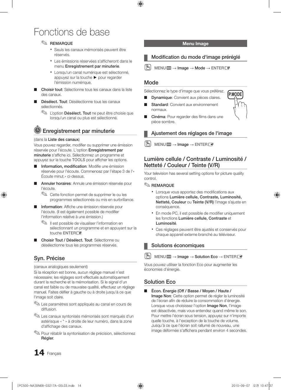 Fonctions de base | Samsung PN58C500G2FXZA User Manual | Page 118 / 156