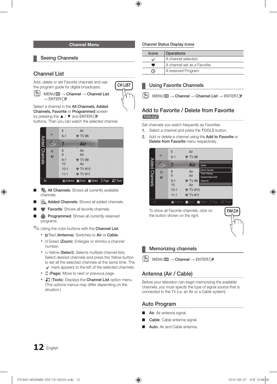 Channel list, Add to favorite / delete from favorite, Antenna (air / cable) | Auto program | Samsung PN58C500G2FXZA User Manual | Page 12 / 156