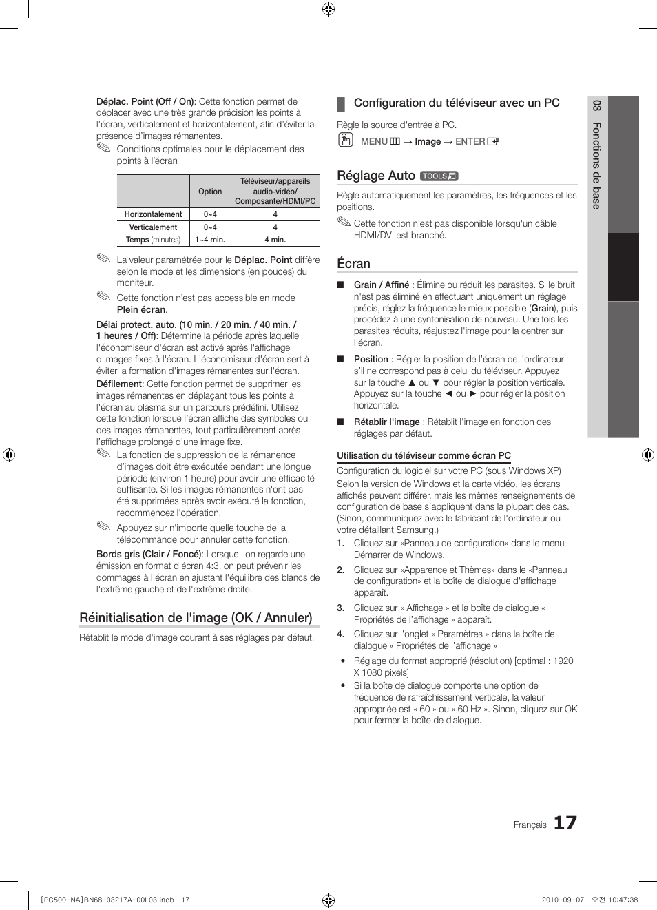 Réinitialisation de l'image (ok / annuler), Réglage auto, Écran | Samsung PN58C500G2FXZA User Manual | Page 121 / 156
