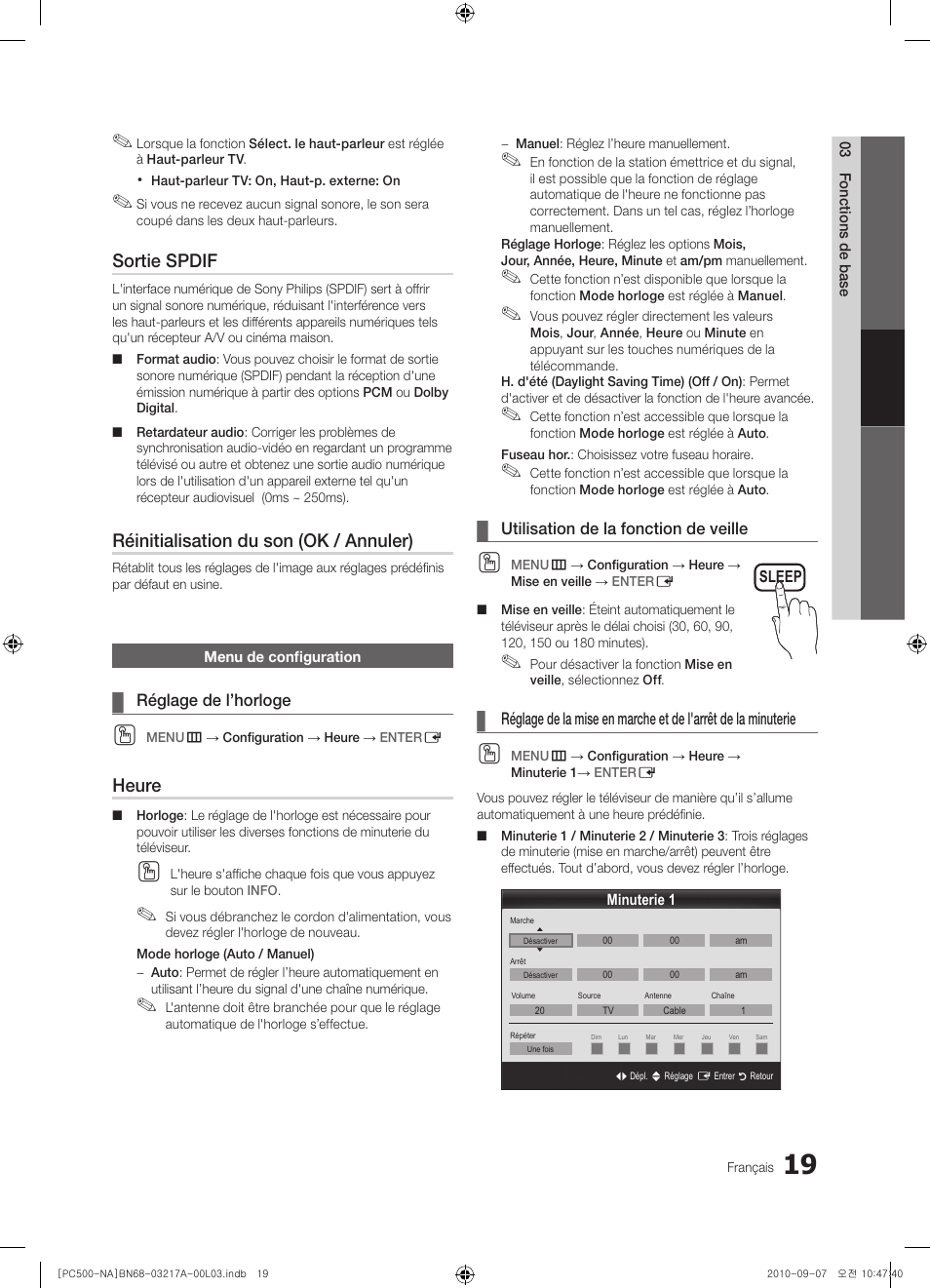 Sortie spdif, Réinitialisation du son (ok / annuler), Heure | Samsung PN58C500G2FXZA User Manual | Page 123 / 156