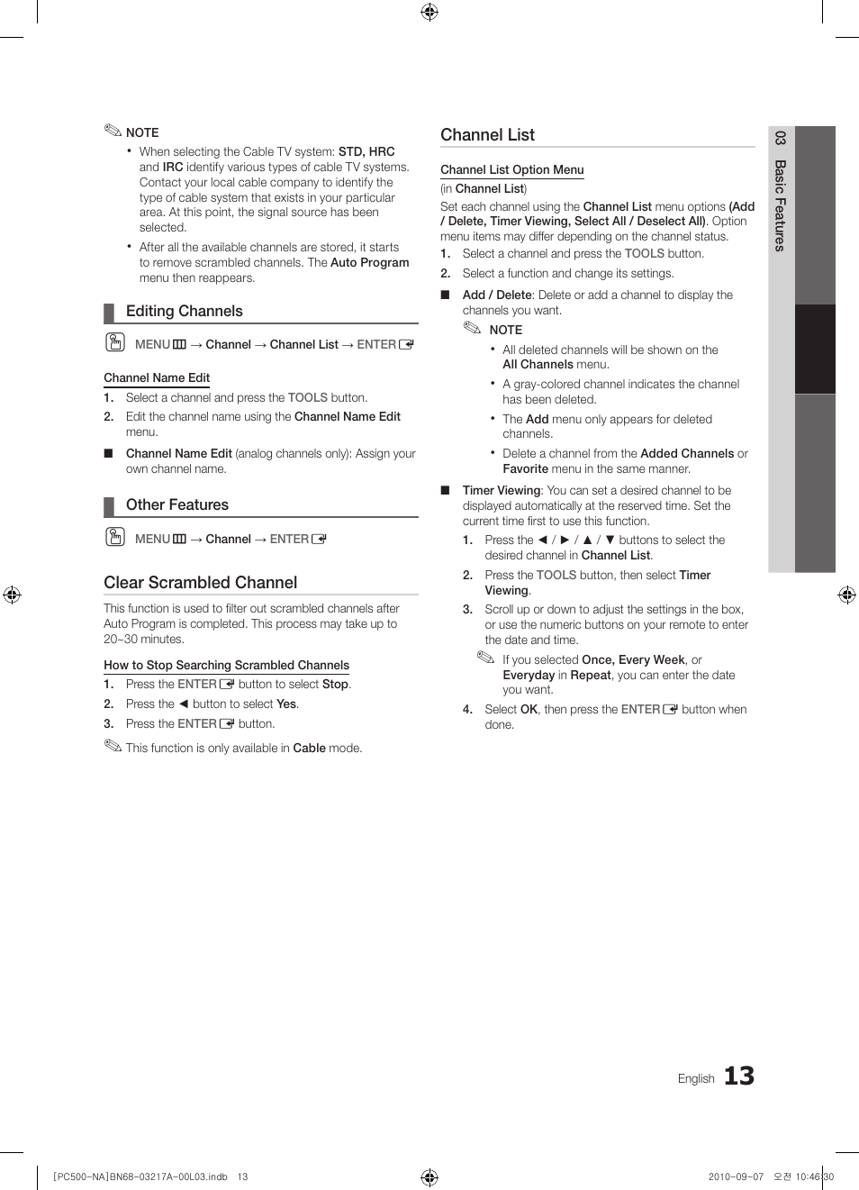 Clear scrambled channel, Channel list | Samsung PN58C500G2FXZA User Manual | Page 13 / 156