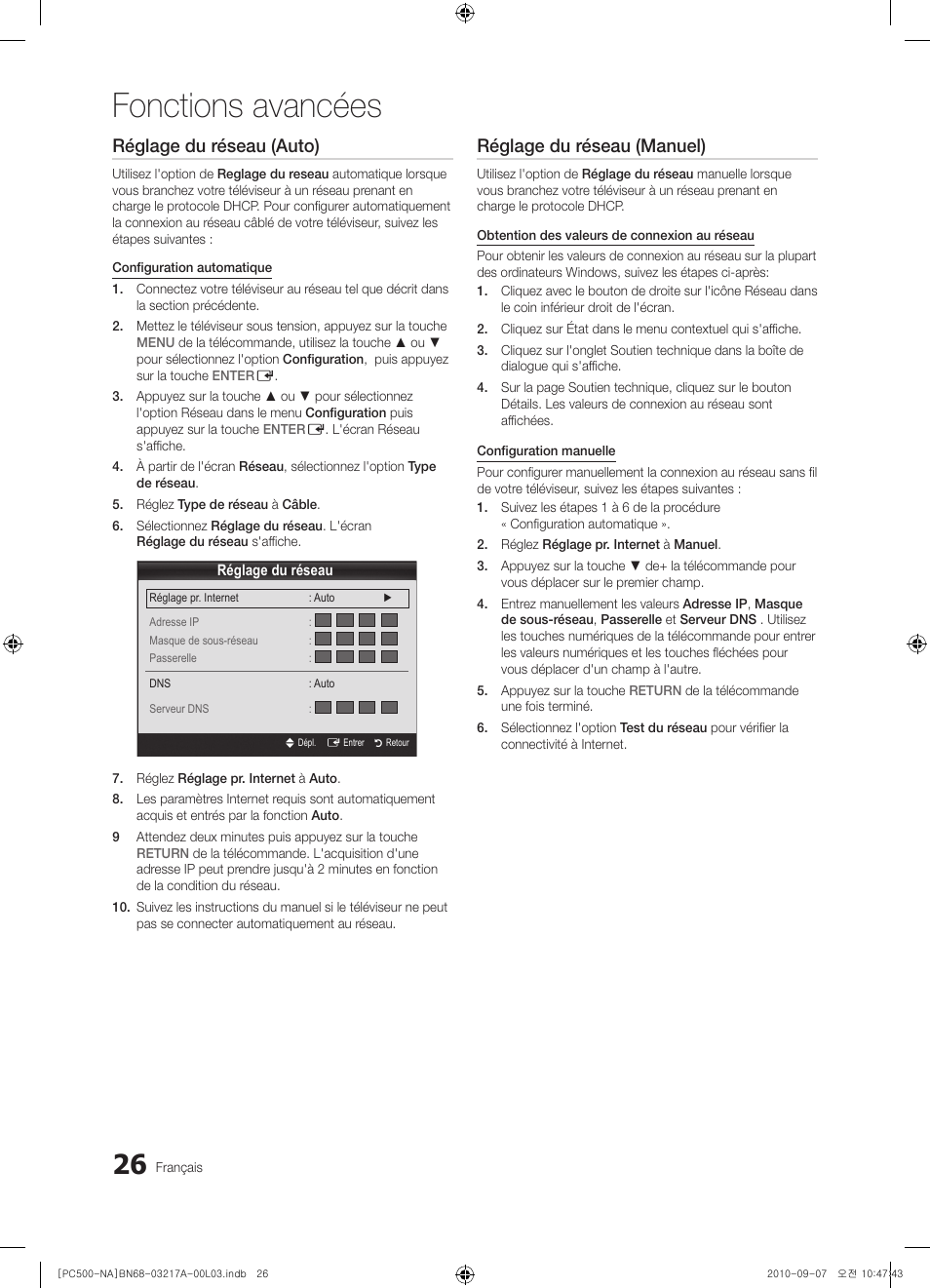 Fonctions avancées, Réglage du réseau (auto), Réglage du réseau (manuel) | Samsung PN58C500G2FXZA User Manual | Page 130 / 156