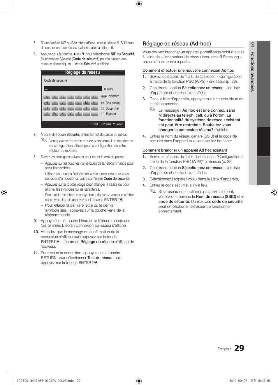 Réglage de réseau (ad-hoc) | Samsung PN58C500G2FXZA User Manual | Page 133 / 156