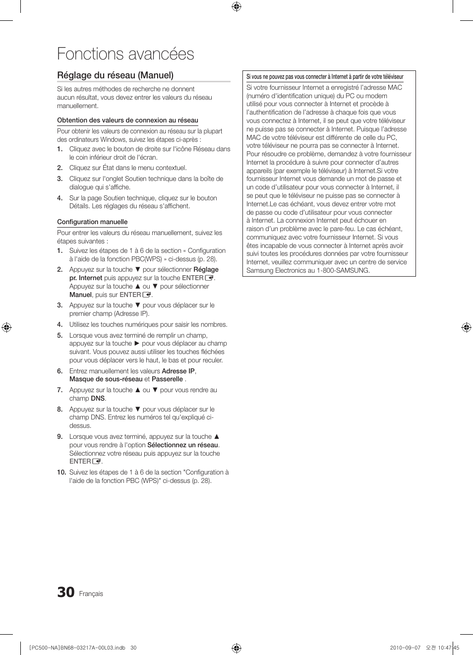 Fonctions avancées, Réglage du réseau (manuel) | Samsung PN58C500G2FXZA User Manual | Page 134 / 156