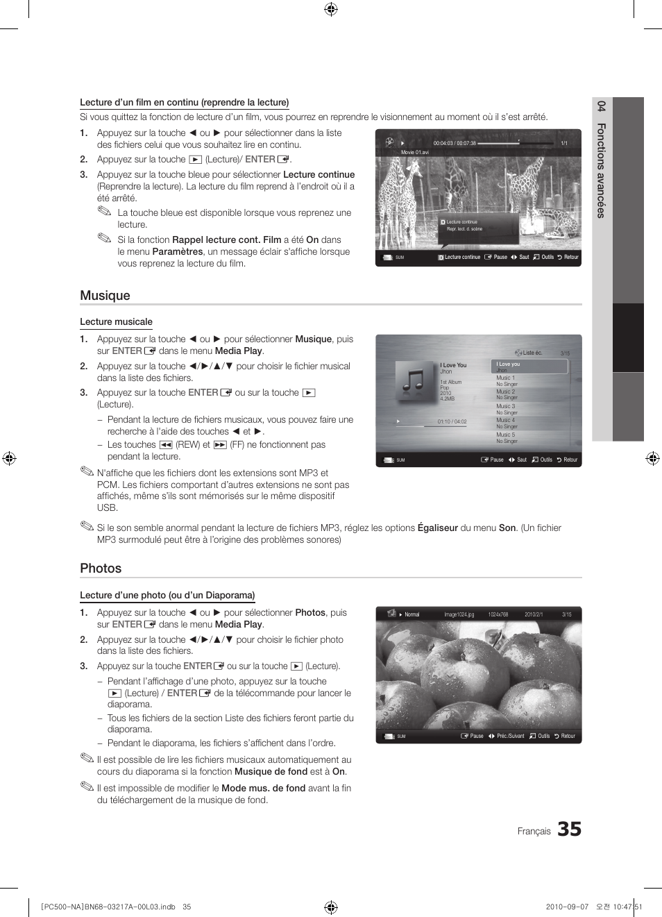 Musique, Photos | Samsung PN58C500G2FXZA User Manual | Page 139 / 156