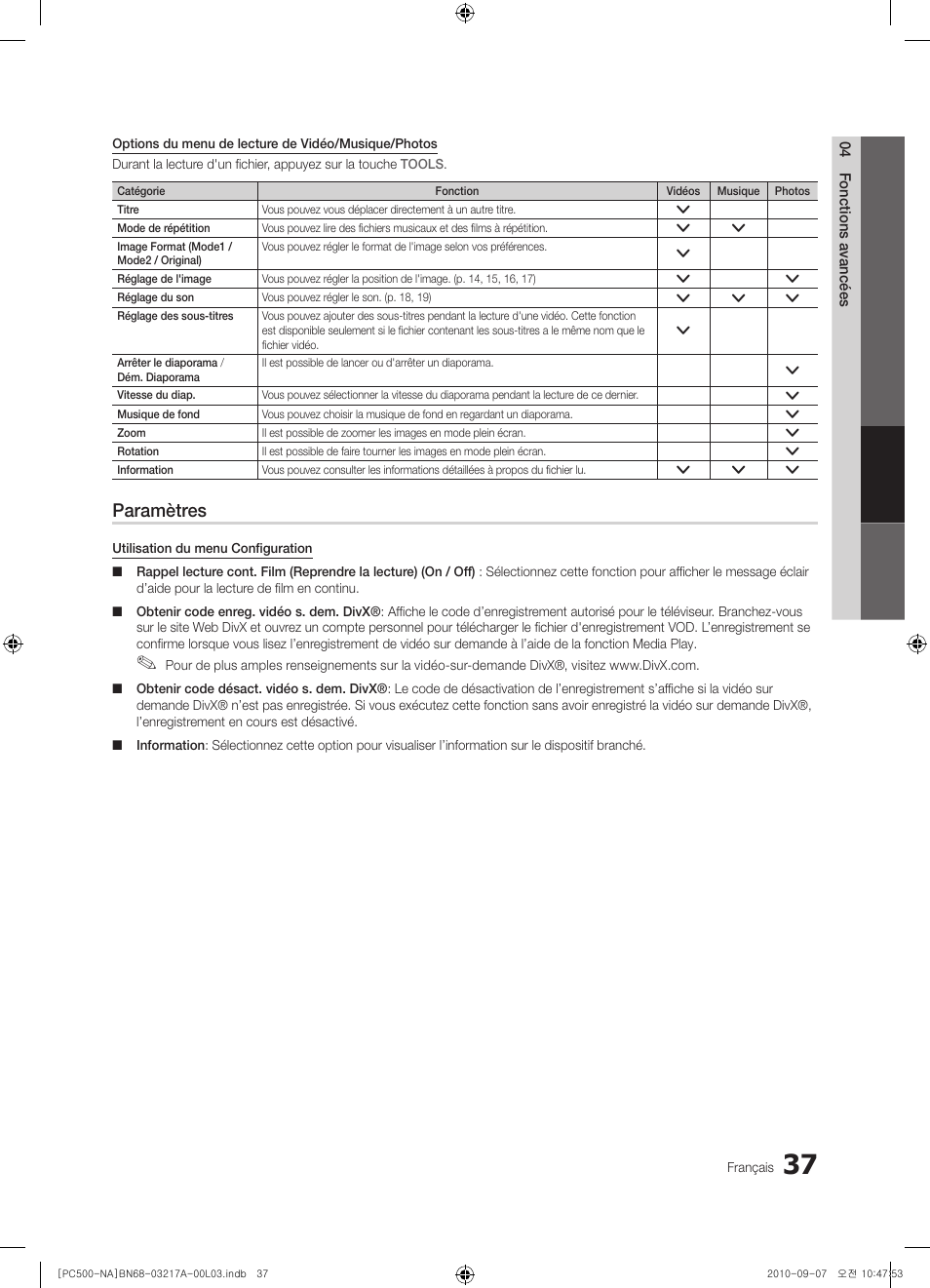 Paramètres | Samsung PN58C500G2FXZA User Manual | Page 141 / 156