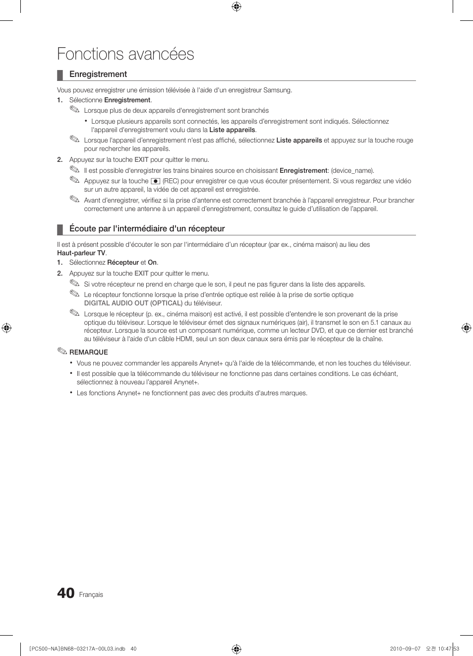 Fonctions avancées | Samsung PN58C500G2FXZA User Manual | Page 144 / 156