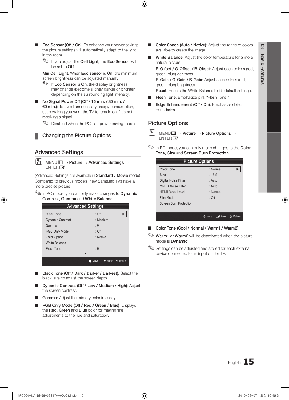 Advanced settings, Picture options | Samsung PN58C500G2FXZA User Manual | Page 15 / 156