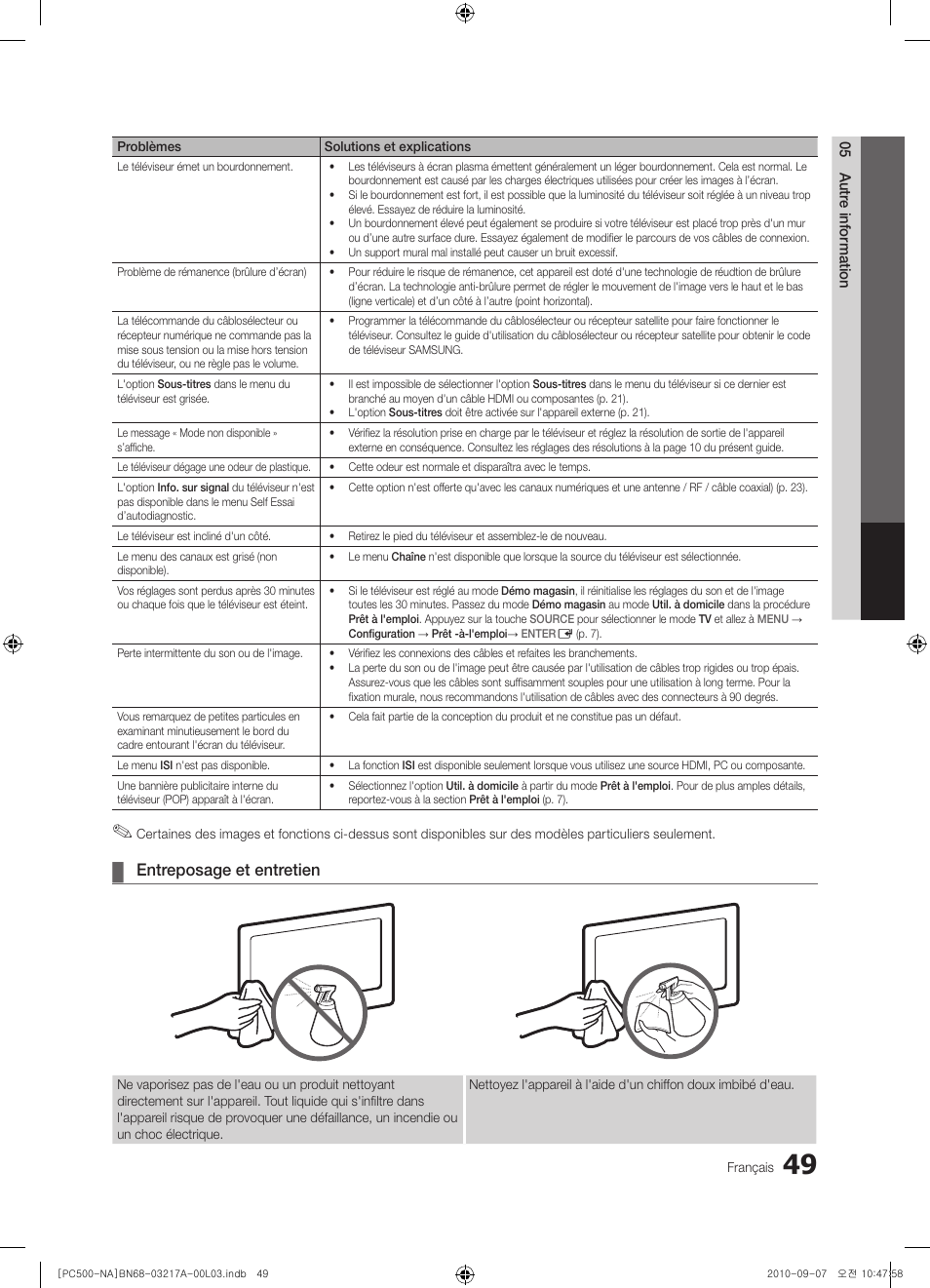 Entreposage et entretien | Samsung PN58C500G2FXZA User Manual | Page 153 / 156