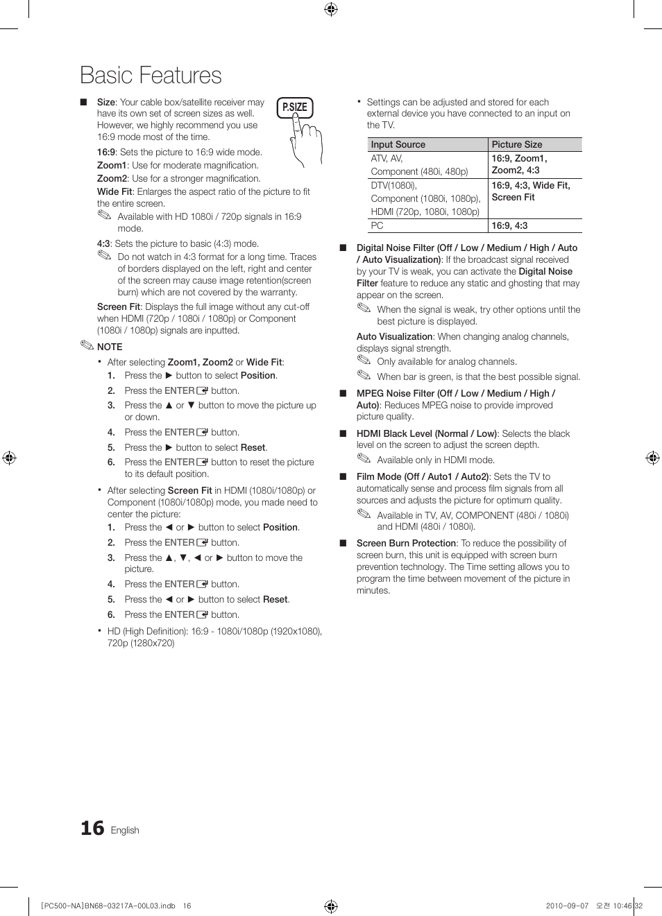 Basic features | Samsung PN58C500G2FXZA User Manual | Page 16 / 156