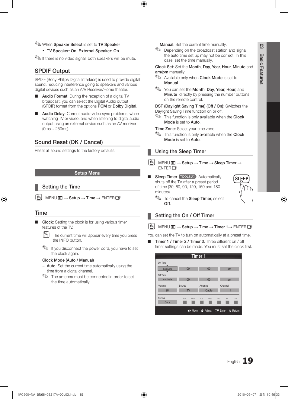 Spdif output, Sound reset (ok / cancel), Time | Samsung PN58C500G2FXZA User Manual | Page 19 / 156