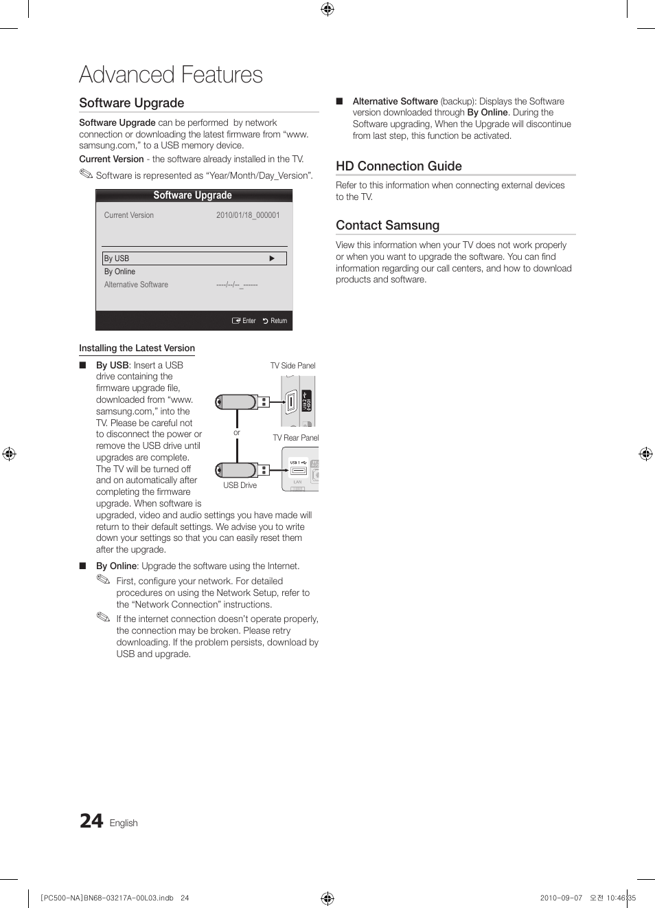 Advanced features, Software upgrade, Hd connection guide | Contact samsung | Samsung PN58C500G2FXZA User Manual | Page 24 / 156