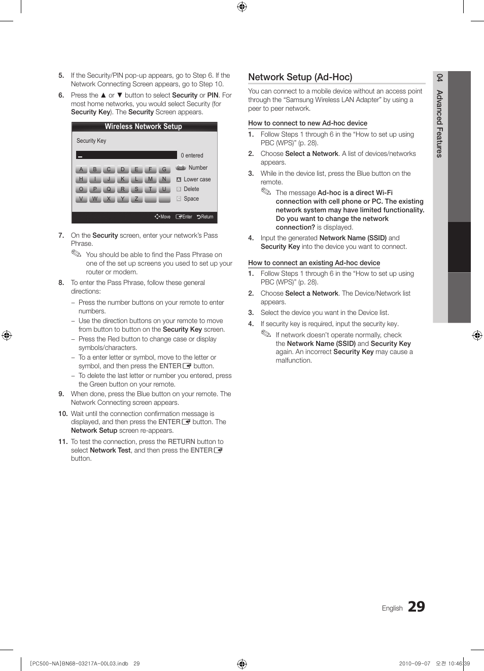 Network setup (ad-hoc) | Samsung PN58C500G2FXZA User Manual | Page 29 / 156