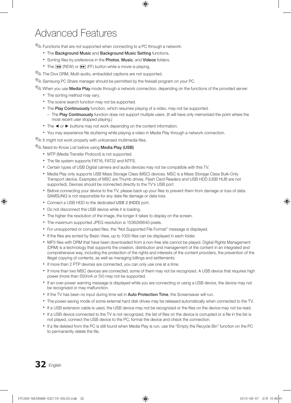 Advanced features | Samsung PN58C500G2FXZA User Manual | Page 32 / 156