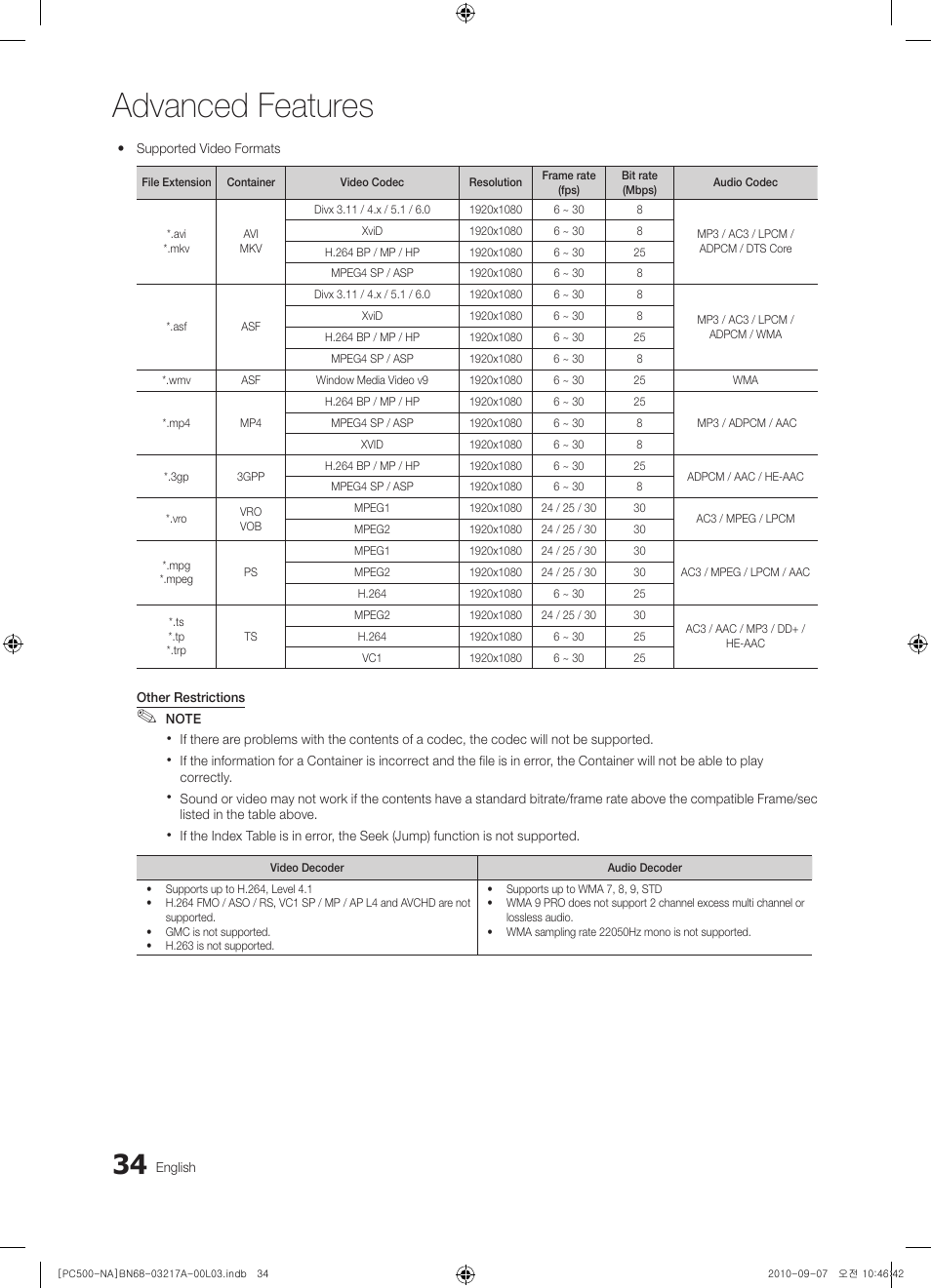 Advanced features | Samsung PN58C500G2FXZA User Manual | Page 34 / 156