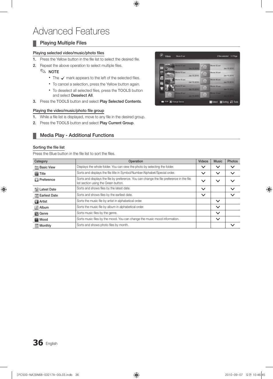 Advanced features, Playing multiple files, Media play - additional functions | Samsung PN58C500G2FXZA User Manual | Page 36 / 156