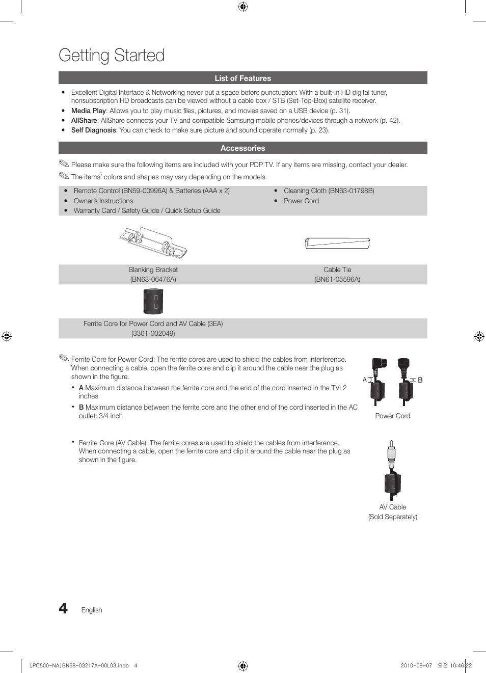 Getting started | Samsung PN58C500G2FXZA User Manual | Page 4 / 156