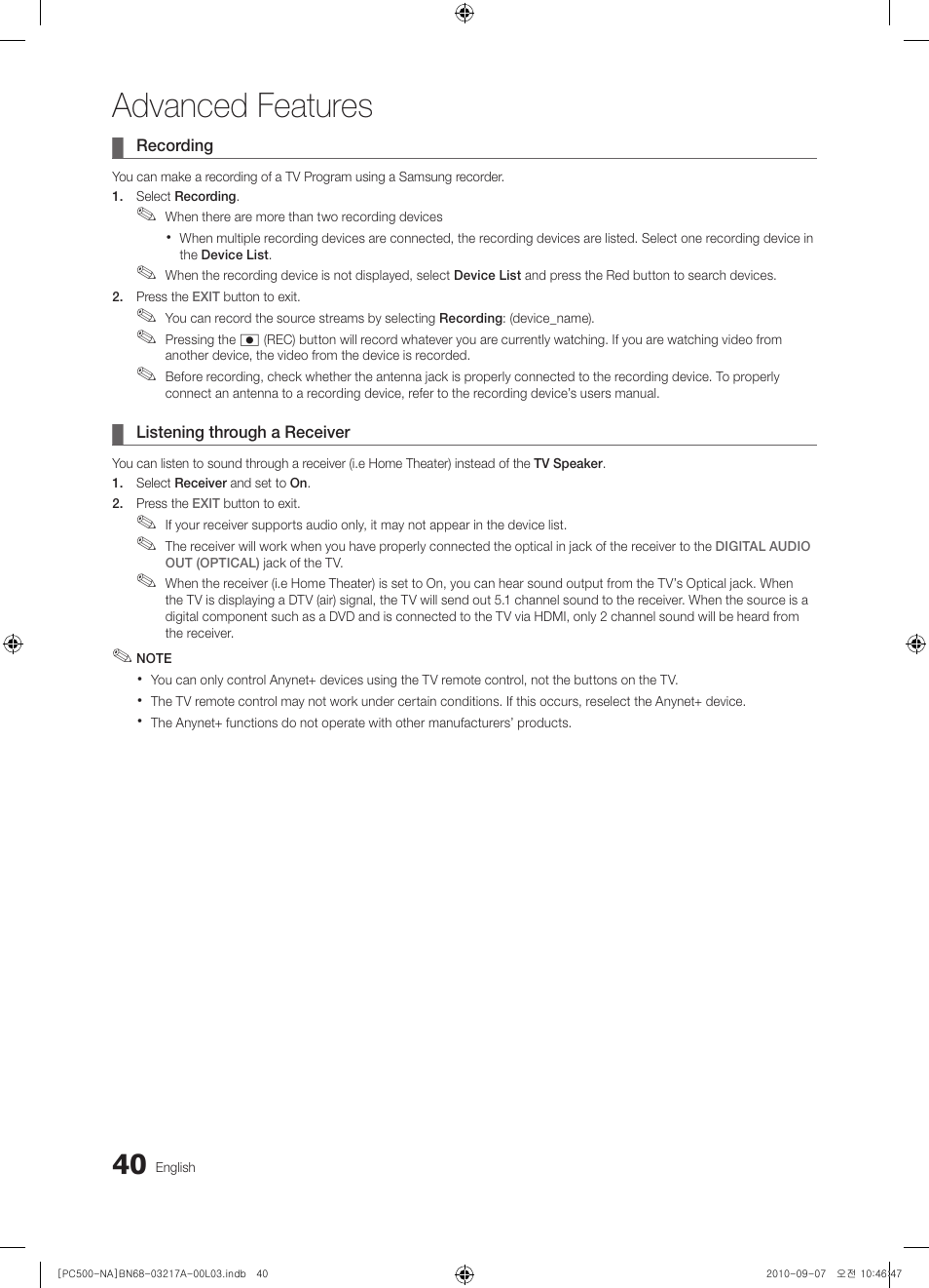 Advanced features | Samsung PN58C500G2FXZA User Manual | Page 40 / 156