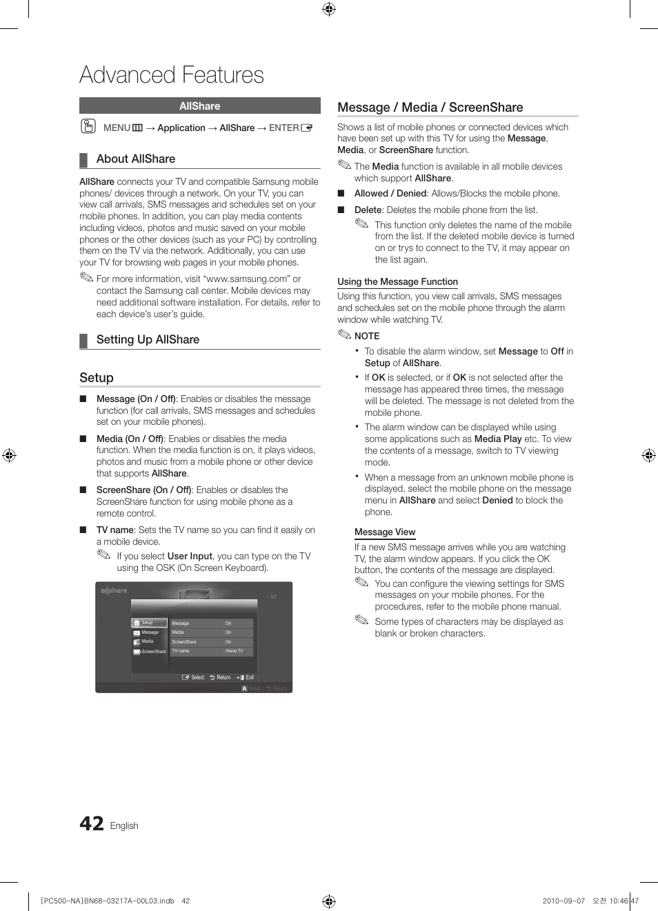 Advanced features, Setup, Message / media / screenshare | Samsung PN58C500G2FXZA User Manual | Page 42 / 156