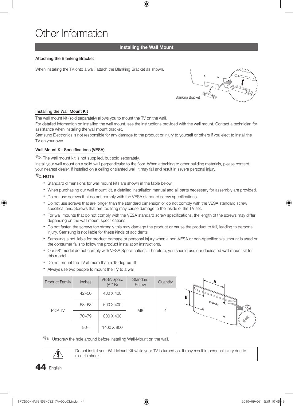 Other information | Samsung PN58C500G2FXZA User Manual | Page 44 / 156