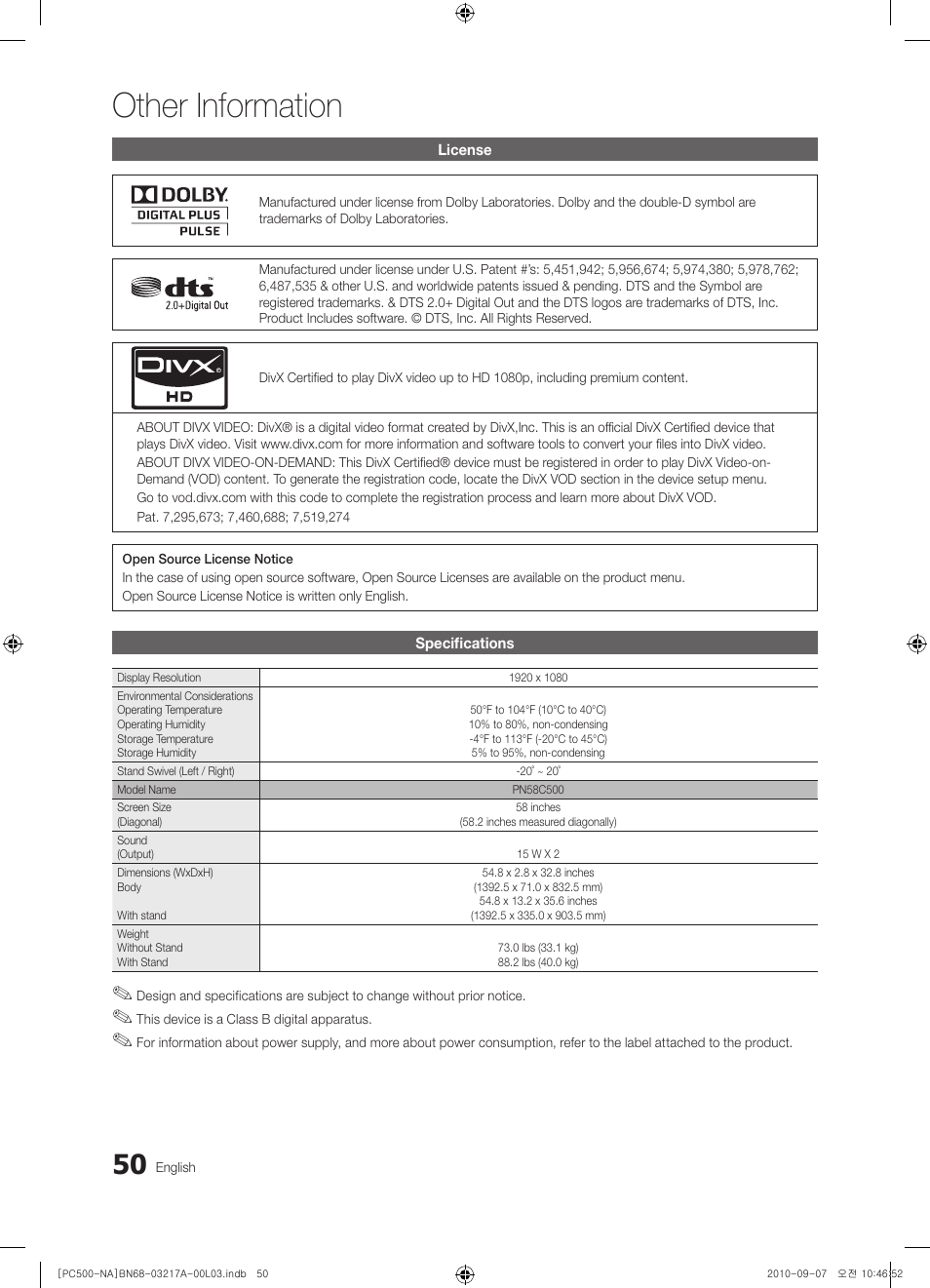 Other information | Samsung PN58C500G2FXZA User Manual | Page 50 / 156