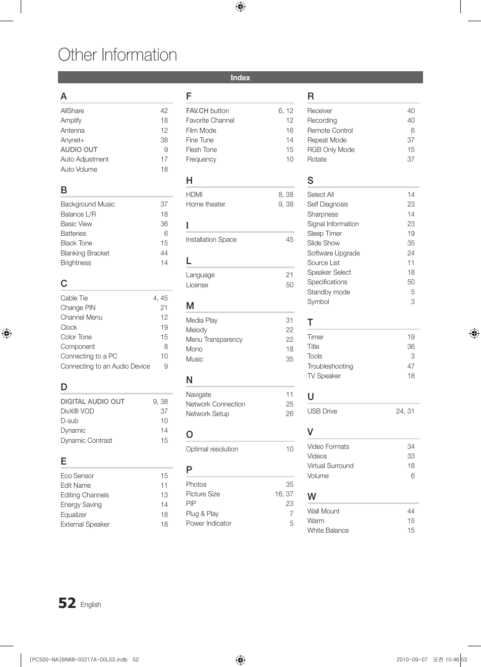 Other information | Samsung PN58C500G2FXZA User Manual | Page 52 / 156