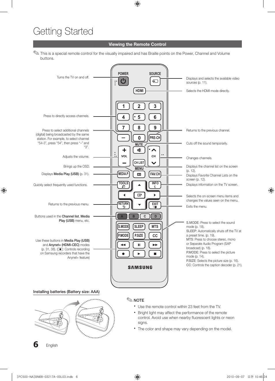 Getting started | Samsung PN58C500G2FXZA User Manual | Page 6 / 156