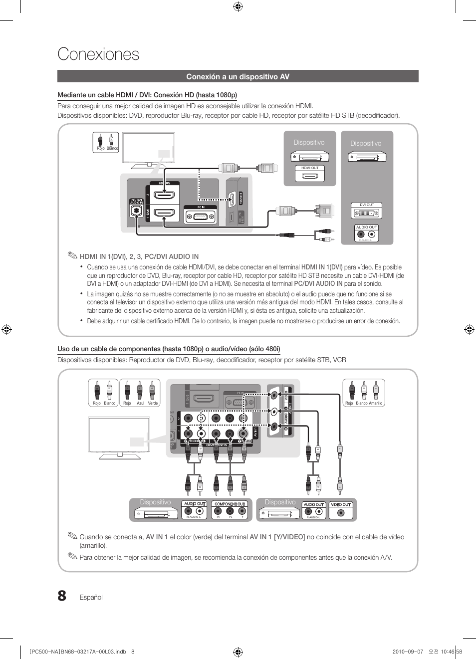 Conexiones, Conexión a un dispositivo av | Samsung PN58C500G2FXZA User Manual | Page 60 / 156