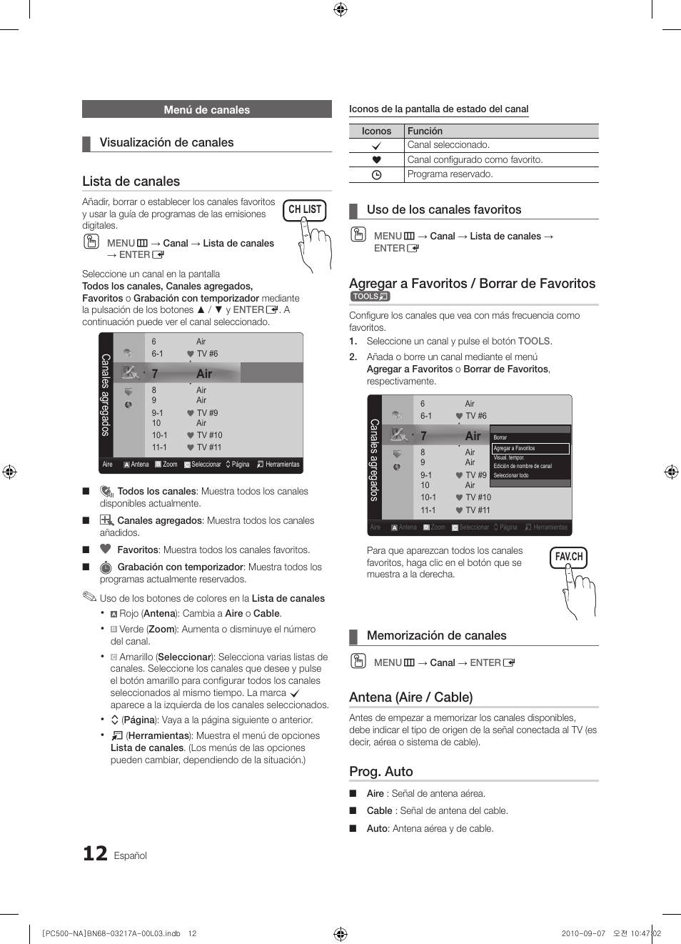 Lista de canales, Agregar a favoritos / borrar de favoritos, Antena (aire / cable) | Prog. auto | Samsung PN58C500G2FXZA User Manual | Page 64 / 156