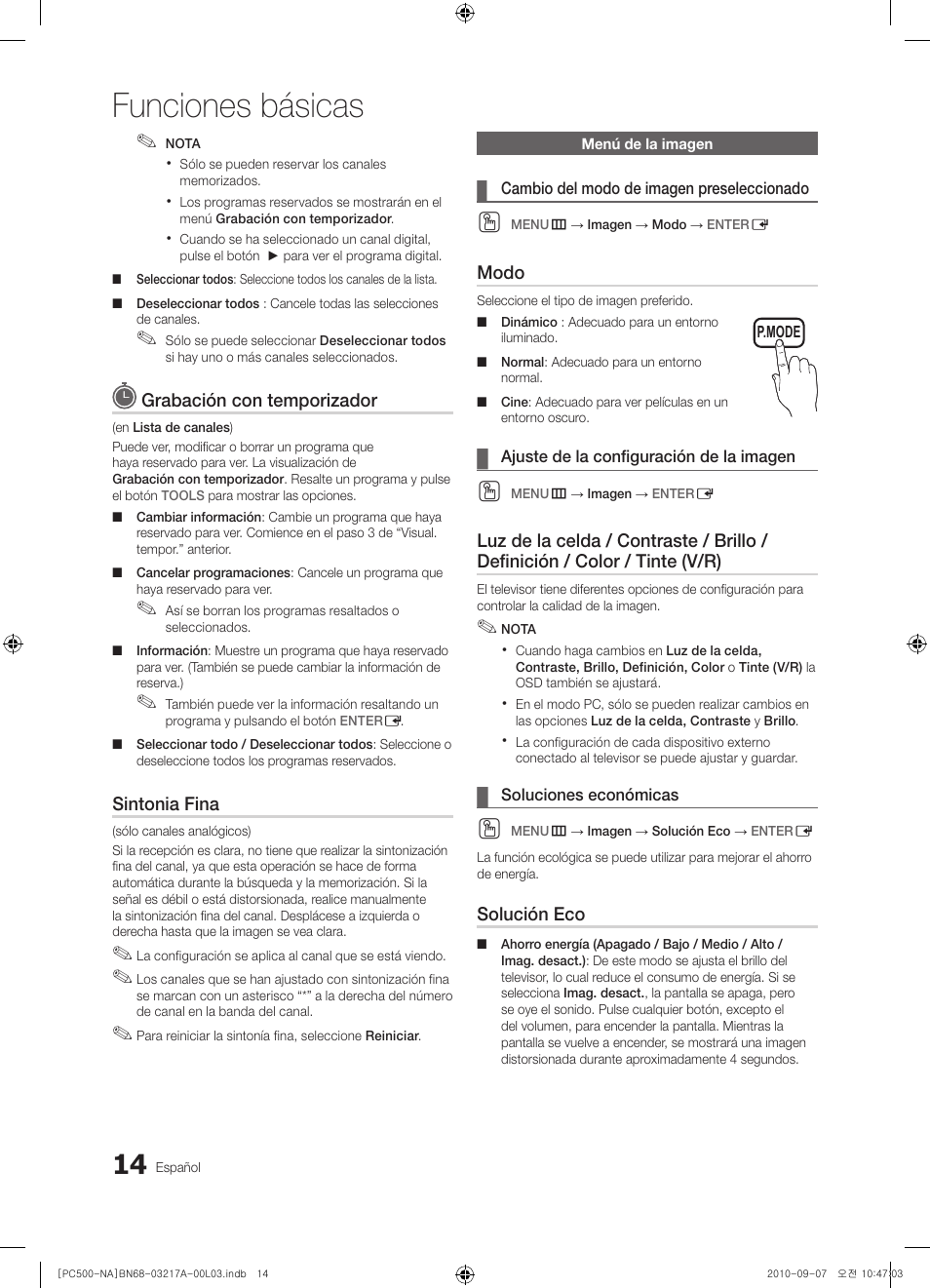 Funciones básicas | Samsung PN58C500G2FXZA User Manual | Page 66 / 156