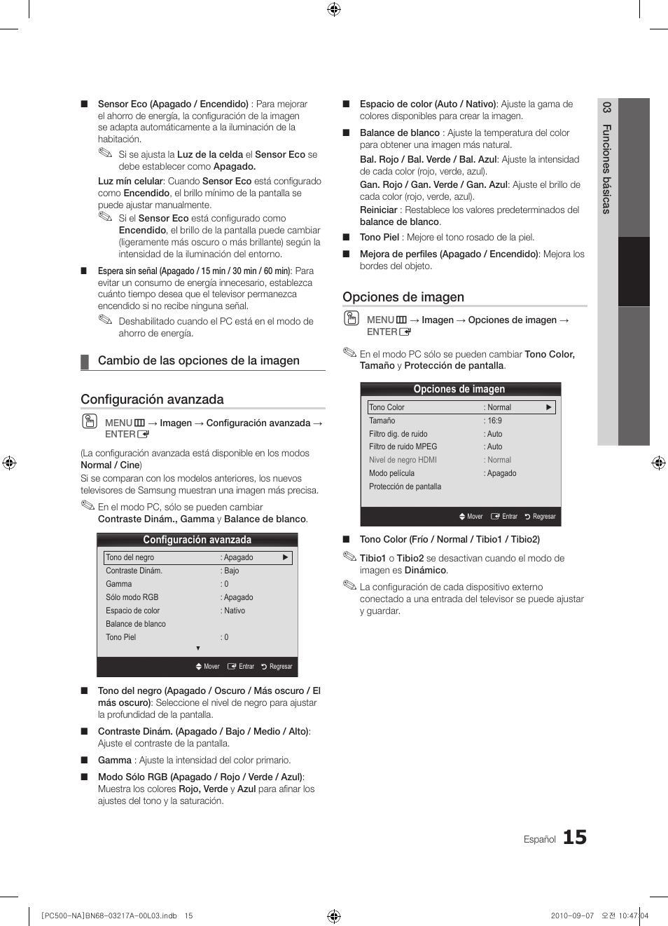 Configuración avanzada, Opciones de imagen | Samsung PN58C500G2FXZA User Manual | Page 67 / 156
