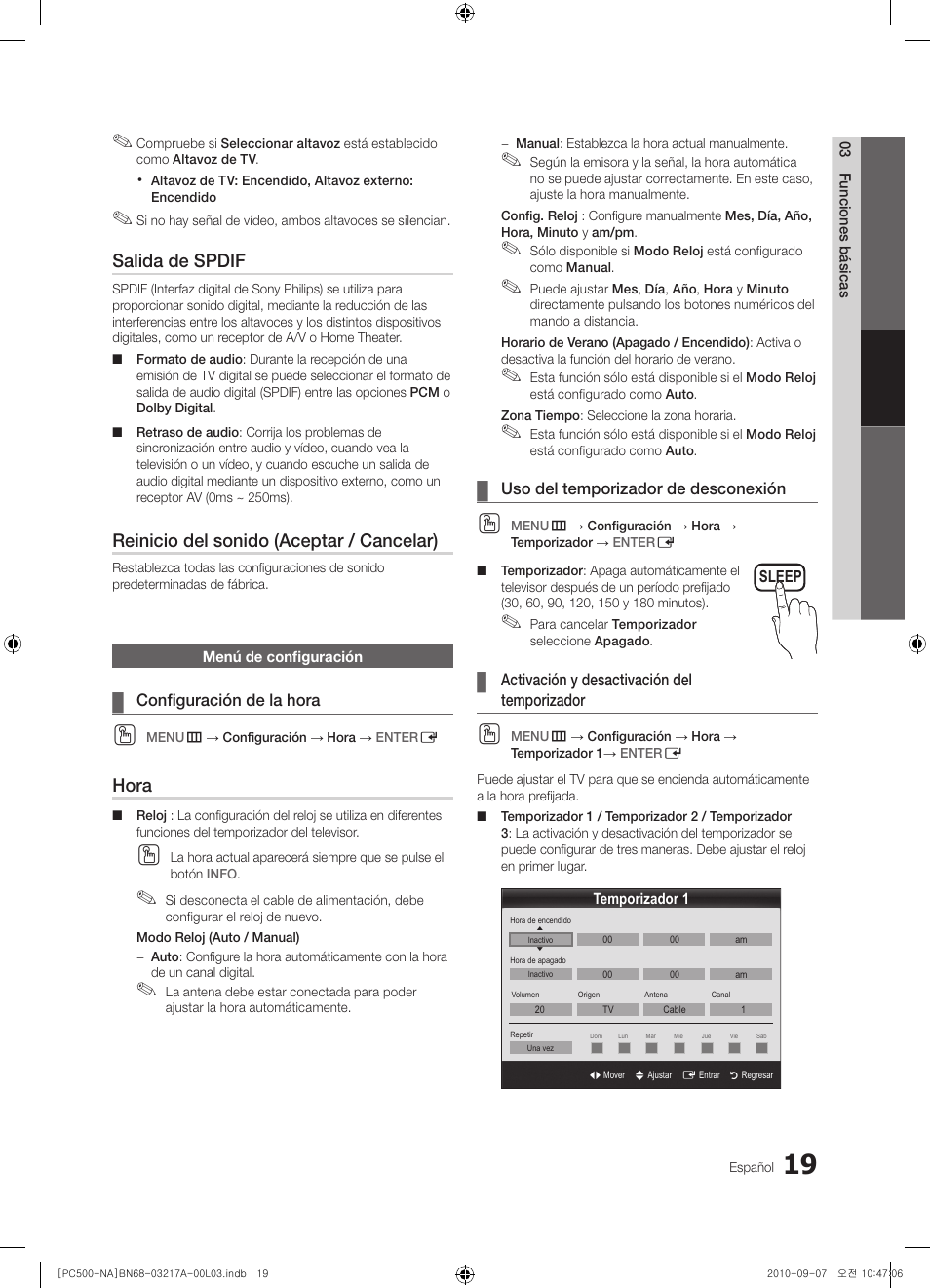 Salida de spdif, Reinicio del sonido (aceptar / cancelar), Hora | Samsung PN58C500G2FXZA User Manual | Page 71 / 156