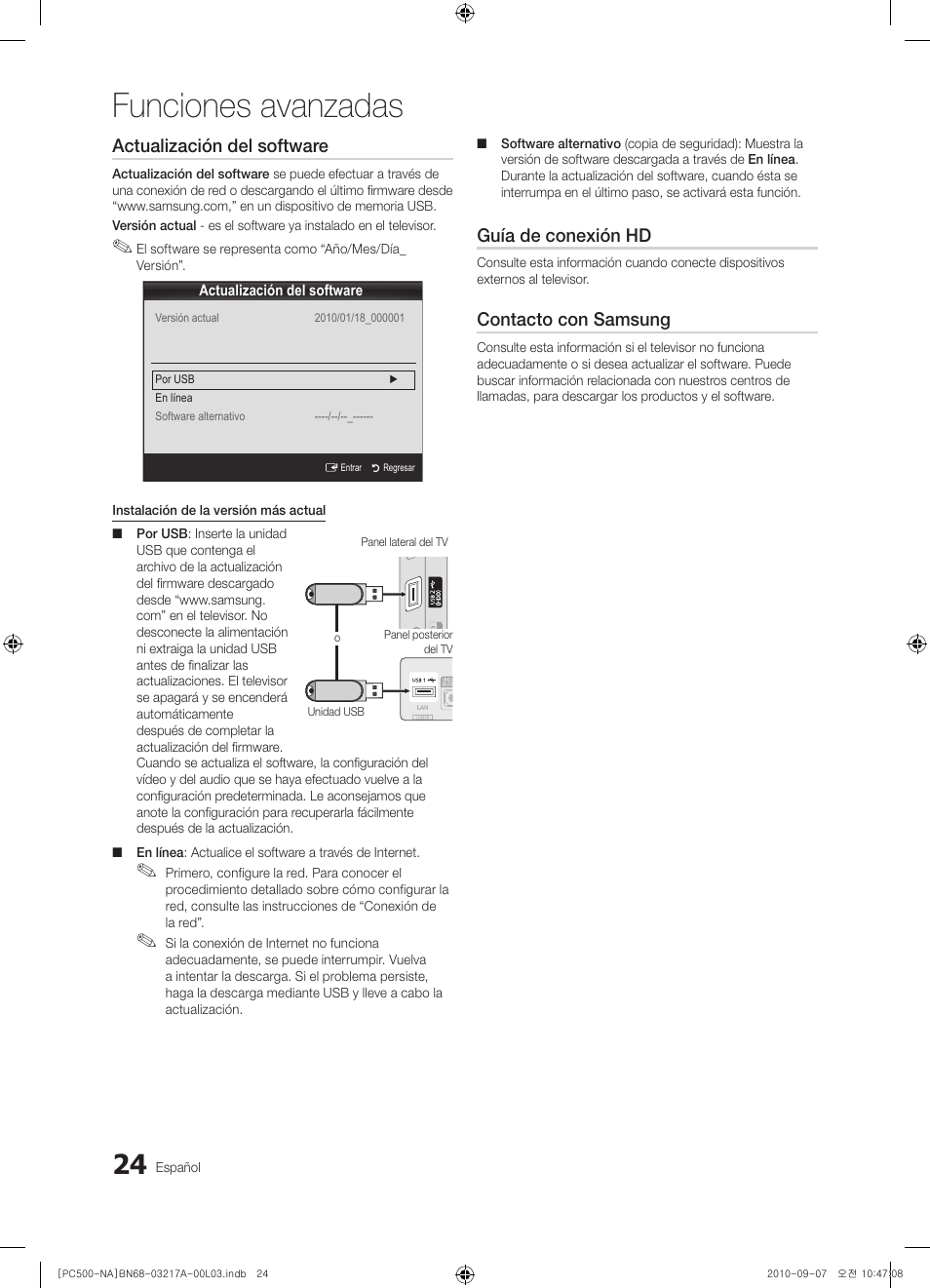 Funciones avanzadas, Actualización del software, Guía de conexión hd | Contacto con samsung | Samsung PN58C500G2FXZA User Manual | Page 76 / 156