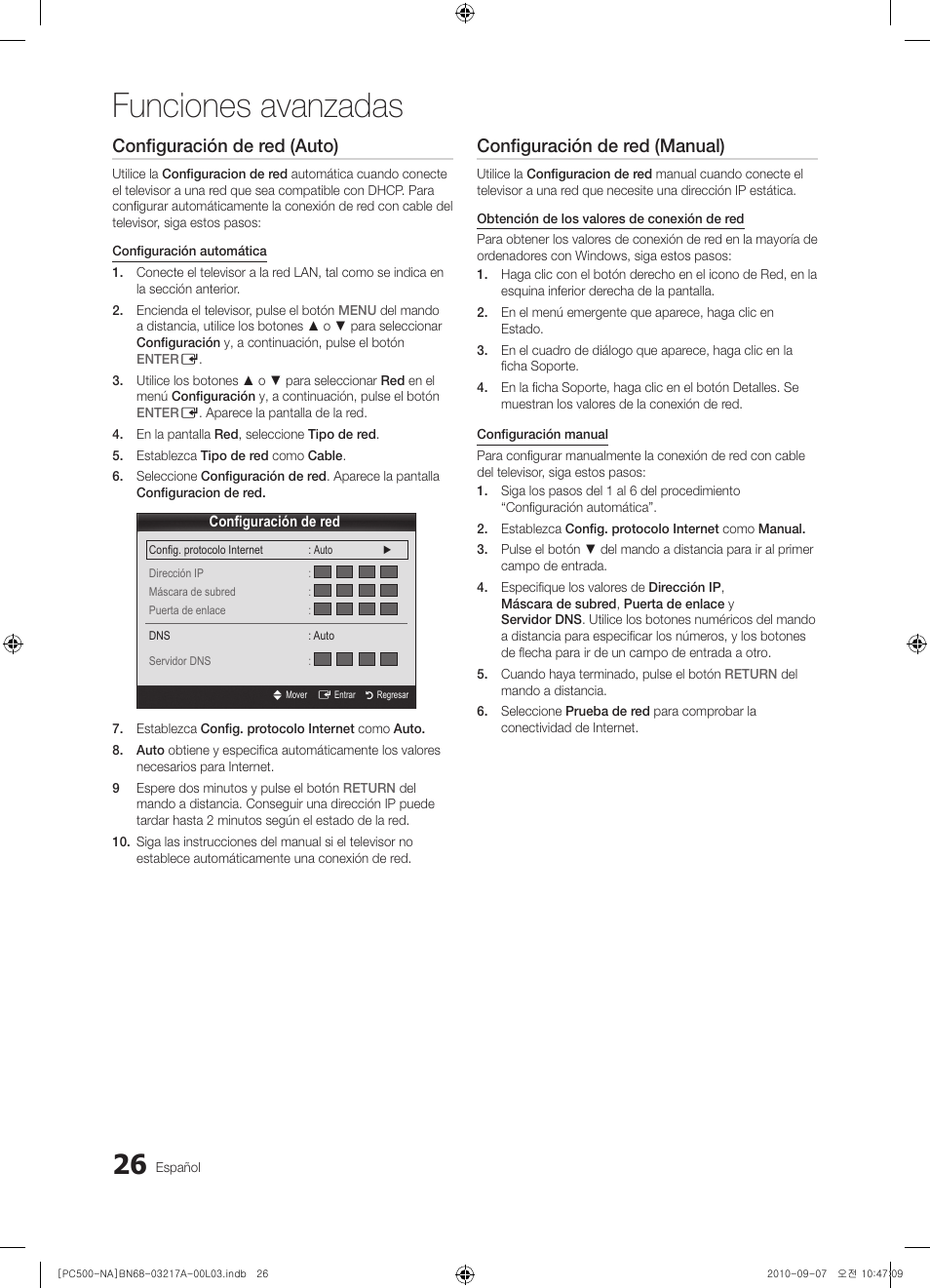 Funciones avanzadas, Configuración de red (auto), Configuración de red (manual) | Samsung PN58C500G2FXZA User Manual | Page 78 / 156