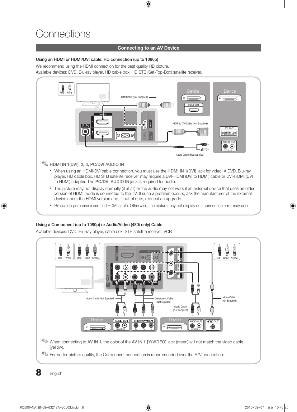 Connections, Connecting to an av device | Samsung PN58C500G2FXZA User Manual | Page 8 / 156