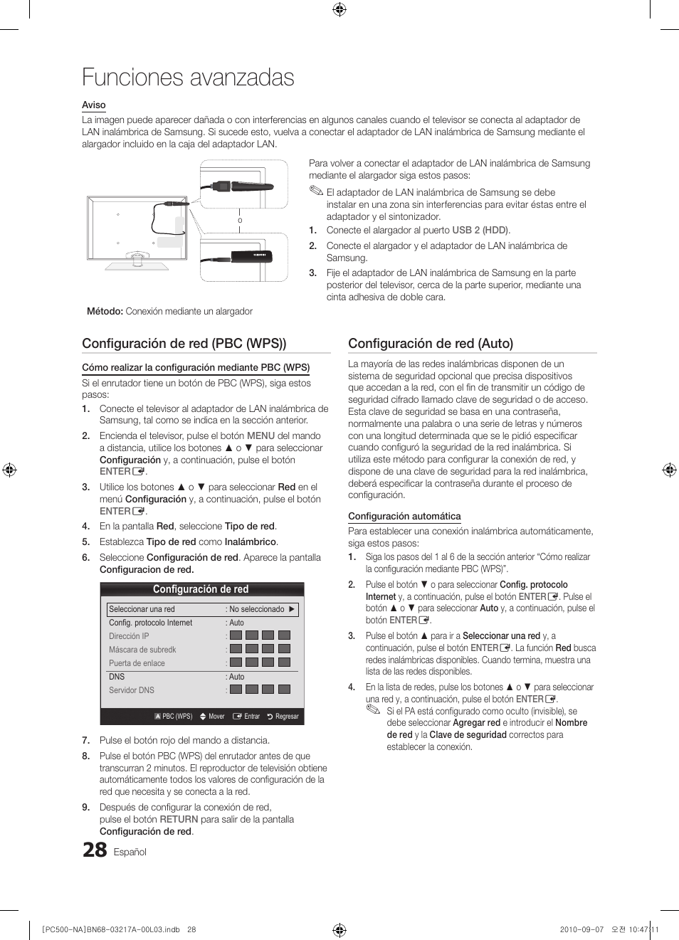 Funciones avanzadas, Configuración de red (pbc (wps)), Configuración de red (auto) | Samsung PN58C500G2FXZA User Manual | Page 80 / 156