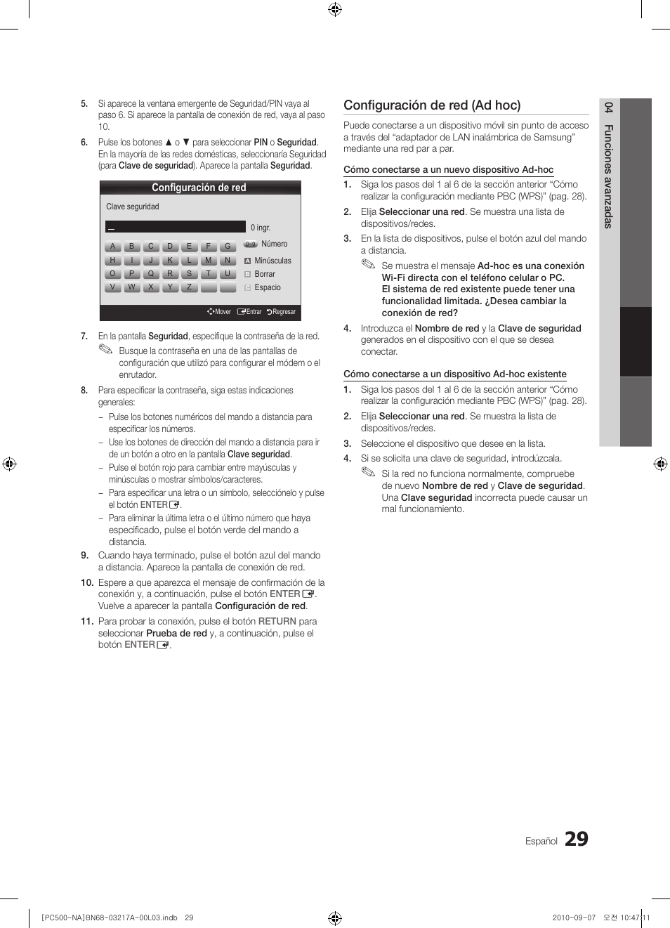 Configuración de red (ad hoc) | Samsung PN58C500G2FXZA User Manual | Page 81 / 156