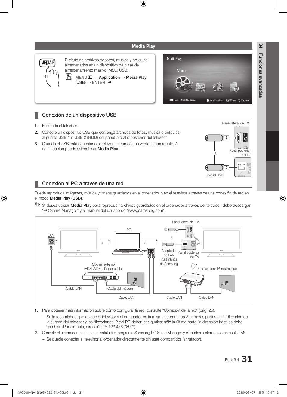 Conexión de un dispositivo usb, Conexión al pc a través de una red, Media.p | Samsung PN58C500G2FXZA User Manual | Page 83 / 156