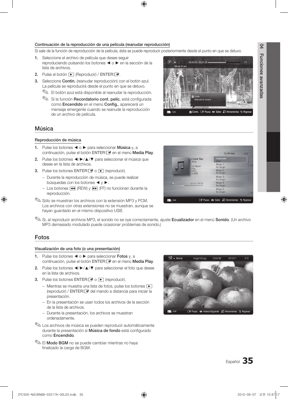 Música, Fotos | Samsung PN58C500G2FXZA User Manual | Page 87 / 156