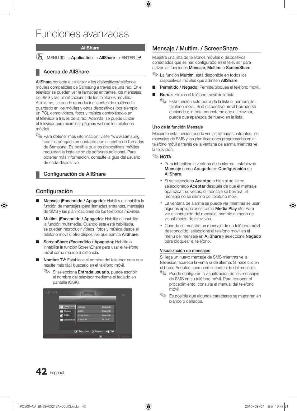 Funciones avanzadas, Configuración, Mensaje / multim. / screenshare | Samsung PN58C500G2FXZA User Manual | Page 94 / 156