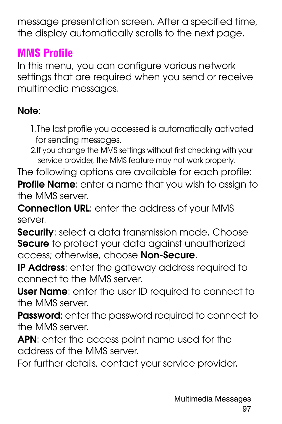 Mms profile | Samsung SGH-E316CSAAWS User Manual | Page 101 / 219