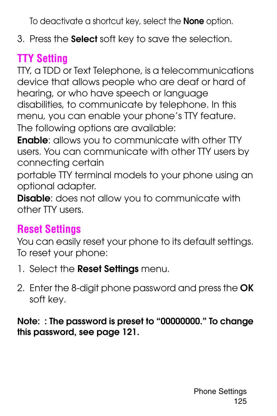 Tty setting, Reset settings, Tty setting reset settings | Samsung SGH-E316CSAAWS User Manual | Page 129 / 219