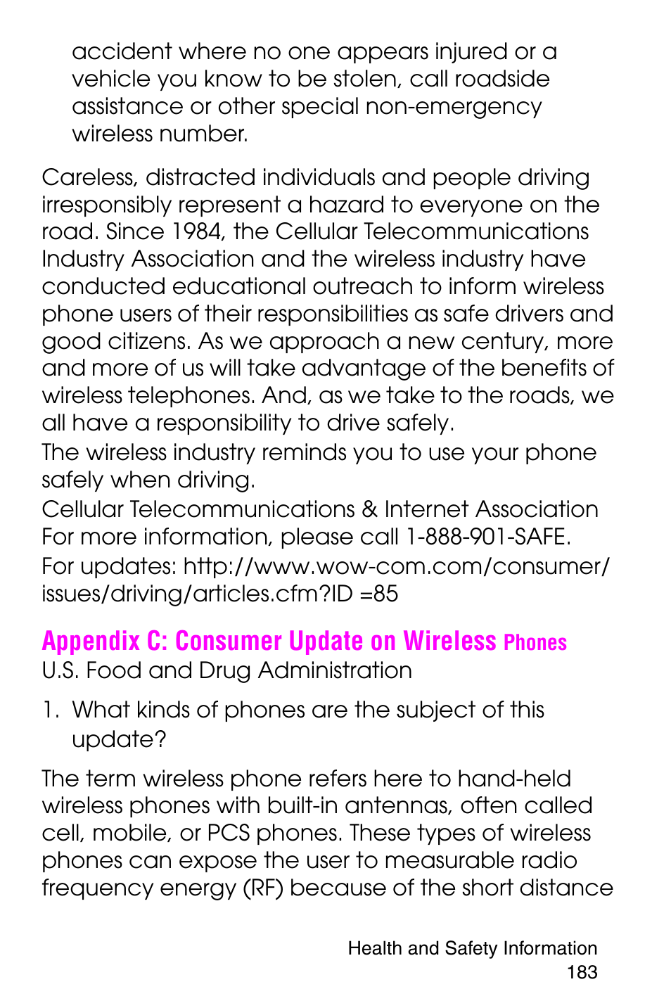 Appendix c: consumer update on wireless phones, Appendix c: consumer update on wireless | Samsung SGH-E316CSAAWS User Manual | Page 187 / 219