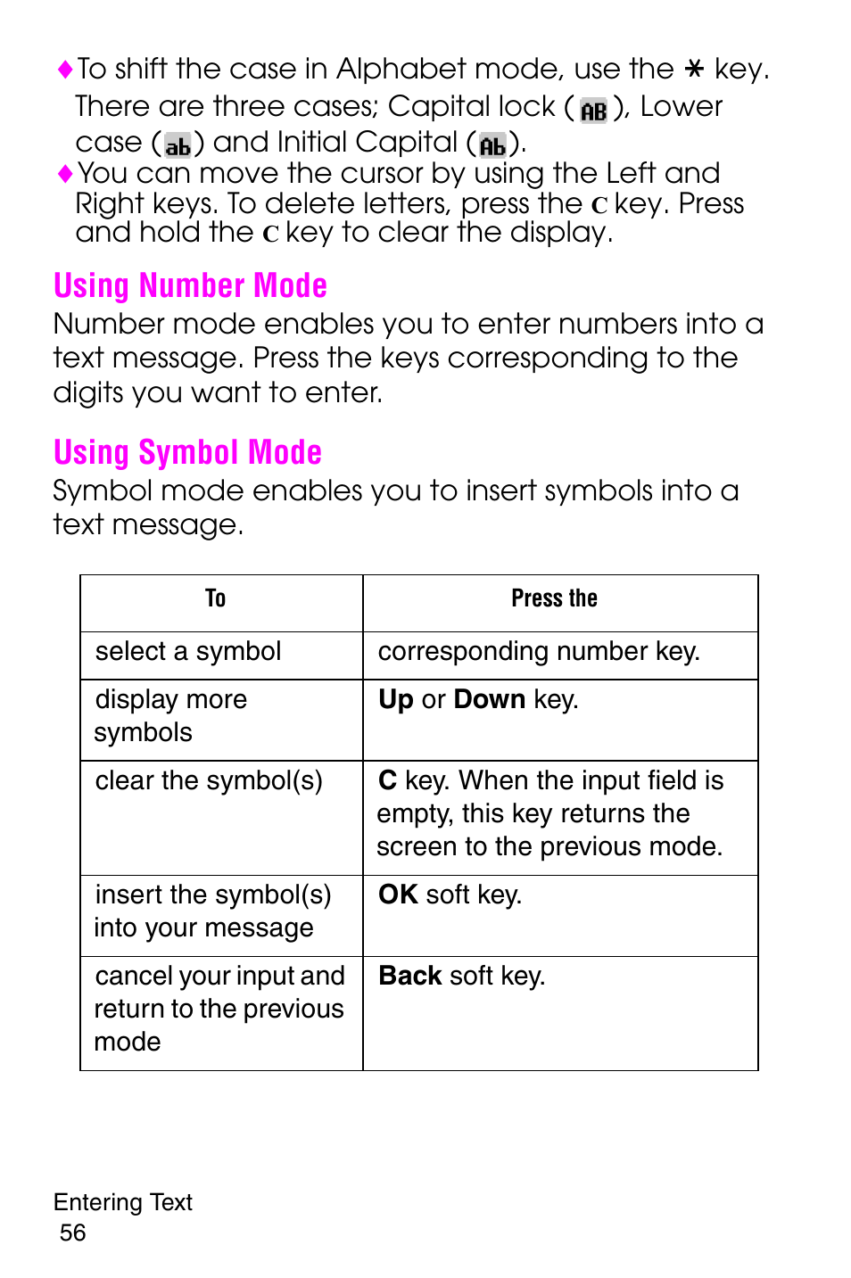 Using number mode, Using symbol mode, Using number mode using symbol mode | Samsung SGH-E316CSAAWS User Manual | Page 60 / 219