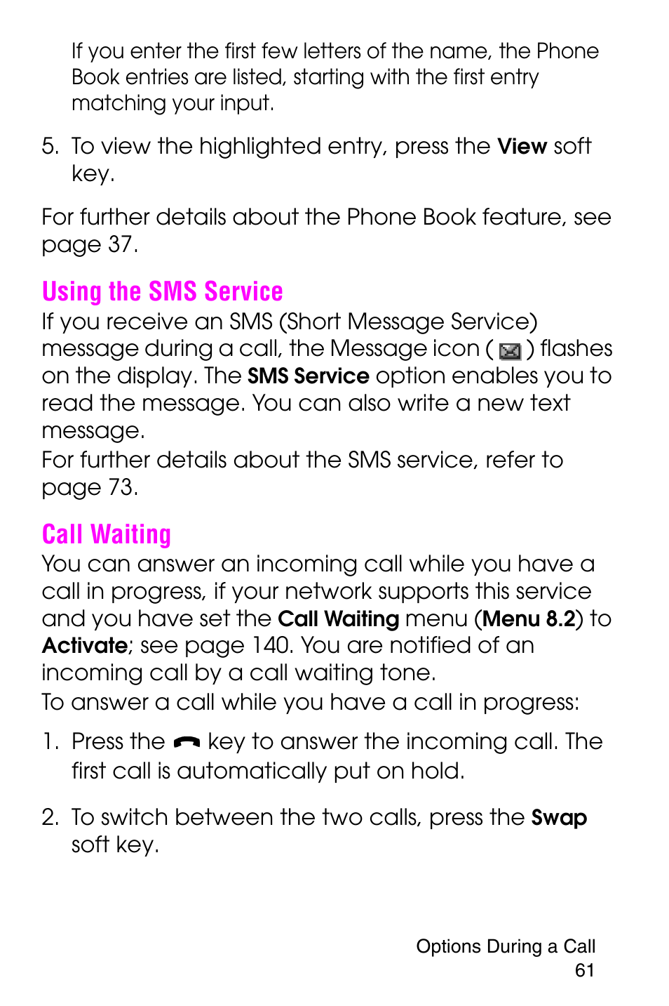 Using the sms service, Call waiting, Using the sms service call waiting | Samsung SGH-E316CSAAWS User Manual | Page 65 / 219