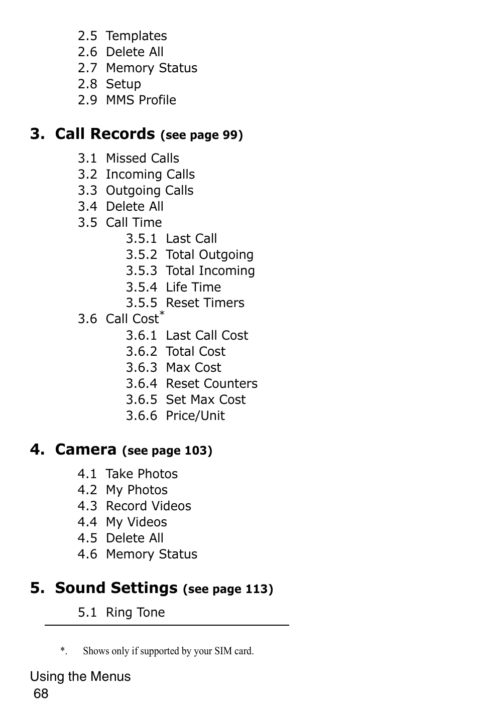 Call records, Camera, Sound settings | Samsung SGH-E316CSAAWS User Manual | Page 72 / 219