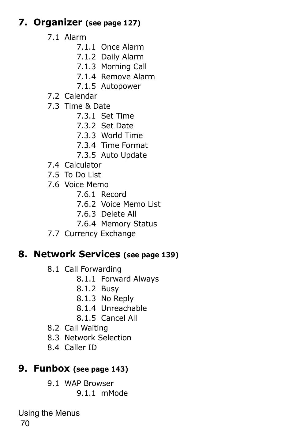 Organizer, Network services, Funbox | Samsung SGH-E316CSAAWS User Manual | Page 74 / 219