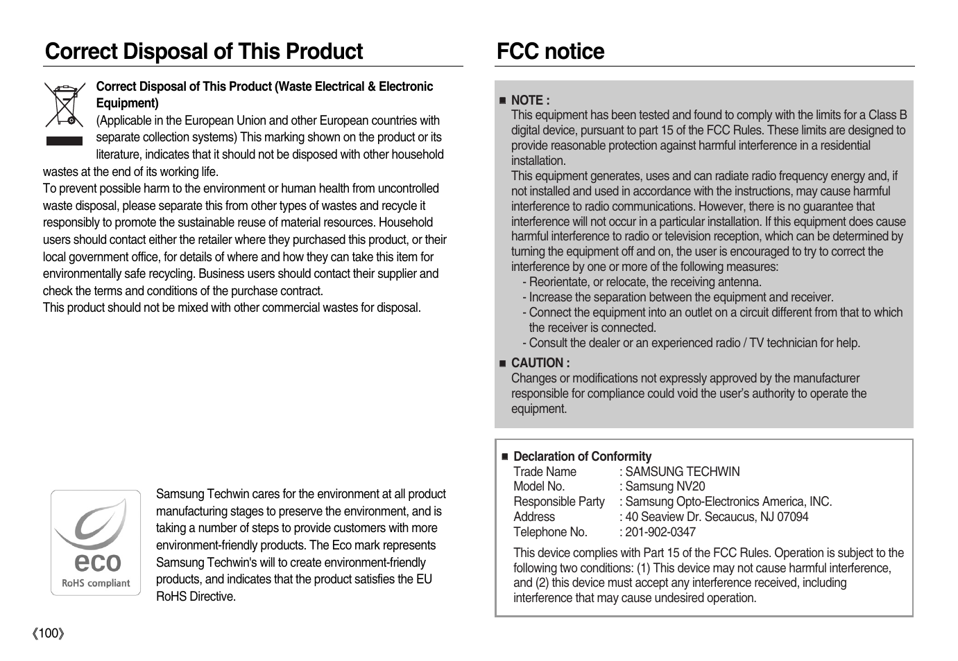 Correct disposal of this product fcc notice | Samsung EC-NV20ZBBA-US User Manual | Page 101 / 102